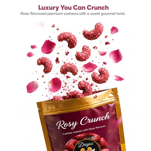 Image of DRIYOZ Rosy Crunch Rose Flavoured Cashew Nuts 250g | Premium Crunchy Kaju Coated with Sweet Rose Granules | Gourmet Floral Nut Snack for Gifting, Festivals & Daily Snacking