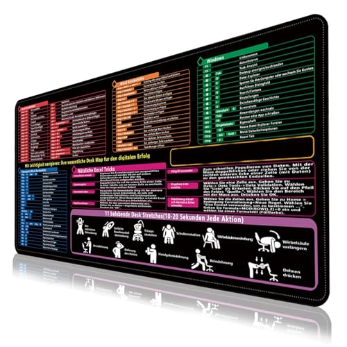 90x40cm Excel Vade de Escritorio Alemán, Negro Antideslizante Excel Hoja de Trucos Vade de Escritorio, atajos de excel alemán, XL-Hoja de Trucos Gaming Alfombrilla de ratón Antideslizante Dest Mat