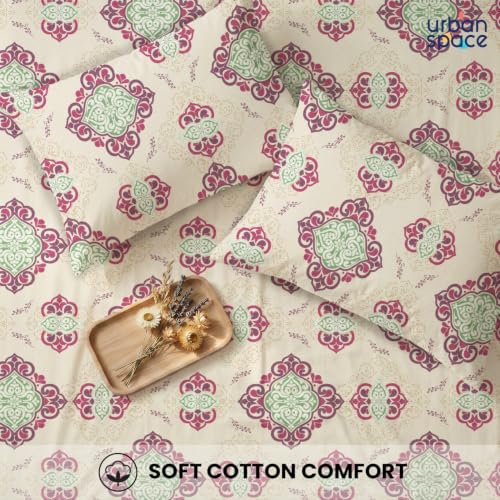 Image of Urban Space 144 TC Divine 100% Cotton Bedsheet for Double Bed with 2 Pillow Covers, Queen Bedsheet (Size 90 x 100 inches, Naqsh Buttercream, Double)