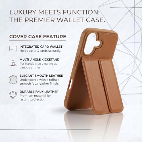 Image of amazon basics Luxury Vegan Leather Back Cover for iPhone 16 | Built-in Card Holder Slot | Integrated Mobile Stand | Slim Shockproof Protective Case with Stitched Finish - Tan