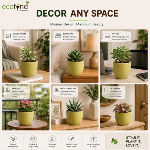 Image of ecofynd 5 Inch Ceramic Plant Pots with Drainage Hole, Modern Decorative Clay Flower Pots for Indoor Plants, Home Garden Decor for Living Room, Bedroom & Interior Spaces (Pack of 2, CPOT041-LGN)