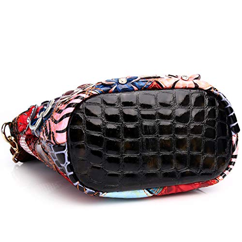 Image of Women 3D Floral Multicolor Small Crossbody Bag Genuine Leather Handbag Snake Pattern Colorful Spliced Shoulder Purse