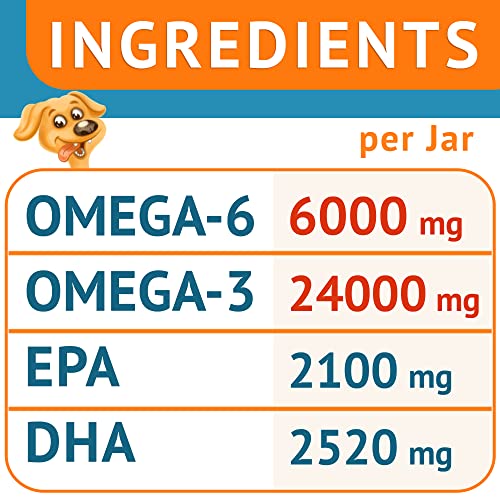 Omega 3 Fish Oil for Dogs (180 Ct) - Skin & Coat Chews - Dry & Itchy Skin Relief + Allergy Support - Shiny Coats - EPA&DHA Fatty Acids - Natural Salmon Oil Chews Promotes Heart, Hip & Joint Support