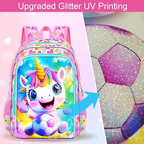 Image of HPJGD 3PCS Kids Unicorn Backpack for Girls, Soccer Bookbag Set with Lunch Box, Cute Water Resistant Elementary School Bag for Preschool Toddler - Pink Unicorn with Football