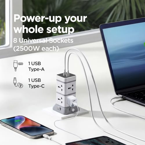 Image of Wipro North-West 8-Way Tower Extension Board with USB A & Type C | 8 Universal Socktes, 2500W Each | Surge Protector Spike Guard | 2m Durable Cord | Suitable with Mobiles, Appliances, etc | Pack of 1