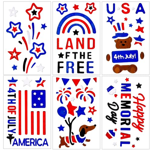 JOICEE 6 Pcs Patriotic Window Gel Clings 4th of July Gel Window Clings Red White Blue Stars Bear American Flag Jelly Stickers Decals for Memorial Day Independence Day Glass Decor