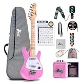 Winzz - Guitarra eléctrica para niños de 30 pulgadas, kit para principiantes, guitarra eléctrica mini de tamaño 1/4 para niños, juego completo de iniciación con amplificador, color rosa brillante