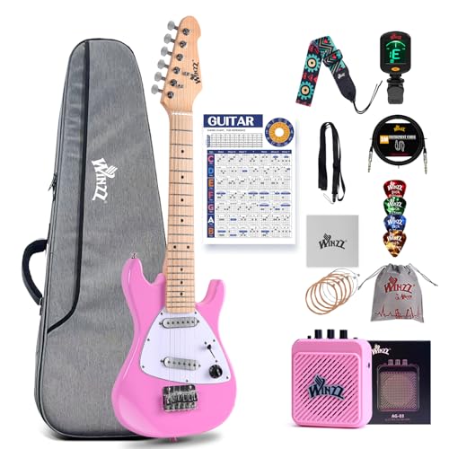 Winzz 30 Inch Kids Electric Guitar Beginner Kit, Junior 1/4 Size Mini Electric Guitar for Children Complete Stater Set with Amp, Gloosy Pink Colour