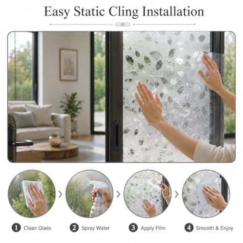 Image of Self Adhesive Window Privacy Film for Glass Windows & Doors | UV Blocking, Heat & Glare Reduction | Decorative Frosted Glass Film Easy to Apply (Frosted Silver Leaf Design, 12X26 Inch)