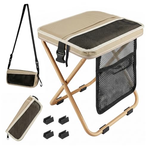 Zghncslong Portable Collapsible Stool 16 Tall Collapsible Backpack Stool with 3 Storage Pockets Supports 300 lbs Ideal for Camping Hiking Outdoor Activities Portable Chair (Khaki Large)