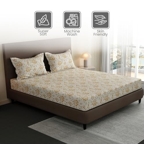 Image of Layers 100% Cotton Fitted Sheet for King Size Bed | Lumina Floret Collection | 144 TC Soft & Breathable | Floral Print with 2 Pillow Covers | Wrinkle Free & Colorfast | 3 Pc Bedding Set - Yellow