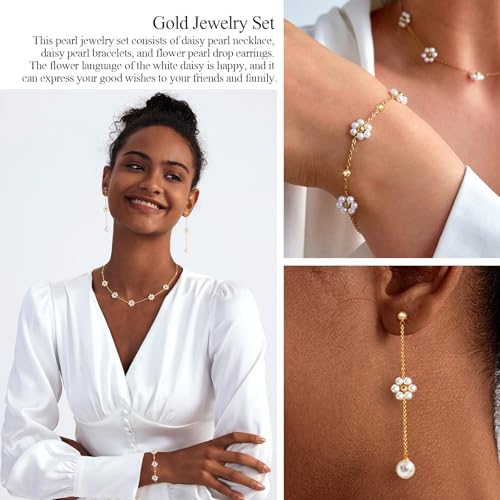 Image of Zeffy Gold Pearl Necklace for Women, Dainty 14K Gold /Silve Plated Layered Pearl Choker Pearl Earrings Pearl Bracelets Wedding Trendy Gold Jewelry Set for Women Gifts