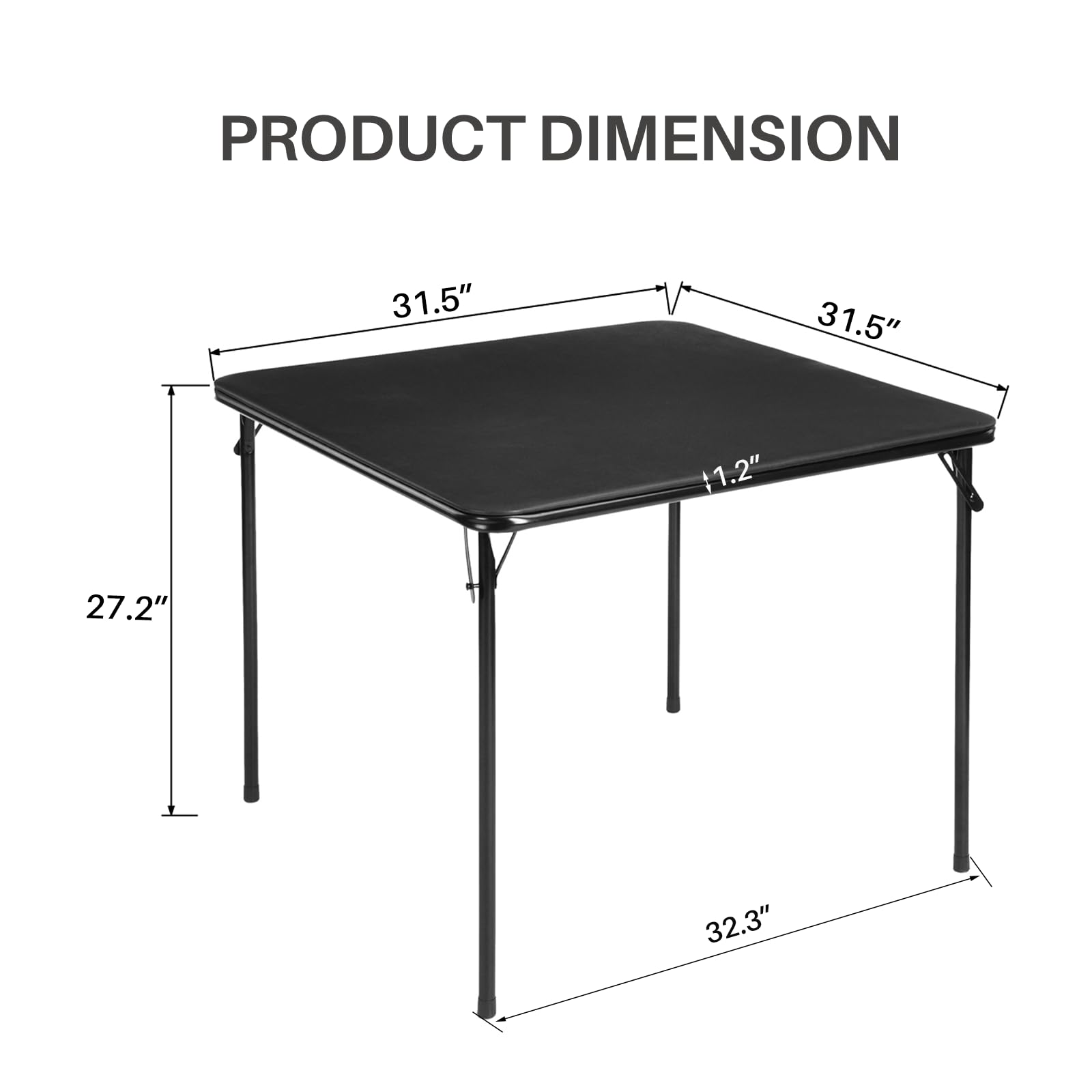 FurnitureR Folding Dining Table with Collapsible Legs for Portability and Storage, 31.5-Inch Foldable Square Card Table, PVC Tabletop, Metal Frame, Lightweight for Indoor/Outdoor, Black