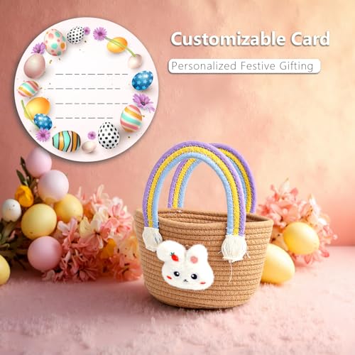 Image of Exun Bunny Basket for Kids, Cute Cotton Tote Bag Hand-Woven Handbag with Rainbow Handles, Easter Egg Hunt Basket Bags for Boys, Girls, Toddler, Babies, Easter gift basket Personalized (Brown)