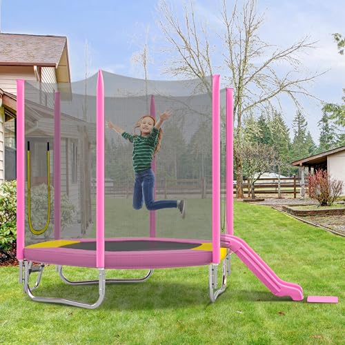 Merax 7FT Kids Trampoline with Safety Enclosure Net, Slide and Ladder, Easy Assembly Round Outdoor Recreational Trampoline, Pink