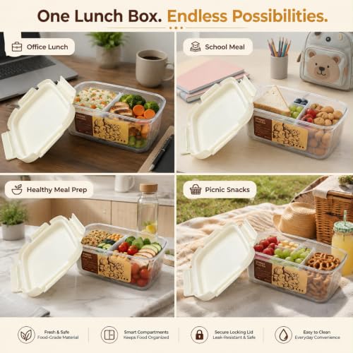 Image of Vasukie 2-Compartment Meal Prep Container with Airtight Locking Lid - with Removable Cups for Meal Prep, Fruits, Nuts & Side Dishes, BPA-Free Clear Plastic (700ML)