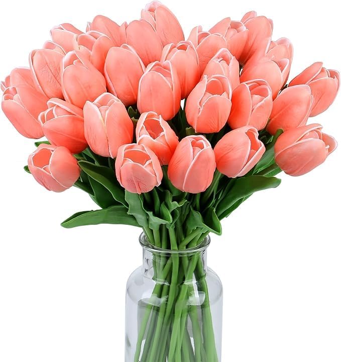 Image of Garden Art Artificial Tulip Flowers (Pack of 5) | Real Touch Silicone Single Stem Tulips for Home Decor, Living Room, Office, Vase & Wedding Decoration GAASTFB-1H-33OR (Orange)