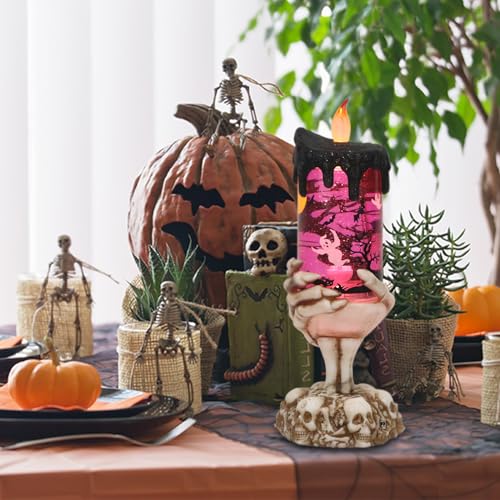 Image of Eldnacele Halloween Snow Globe Candles Lighted Lamp USB Powered Battery Operated Spooky Spinning Water Glittering Tornado Flameless Candles Skeleton Hand Holder Halloween Centerpiece Decor(Ghost)