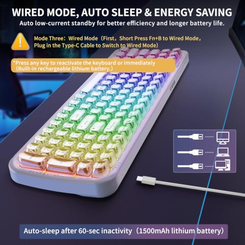 Image of FOPETT Wireless Computer Keyboard with RGB Backlit, Tri-Mode Bluetooth 5.0 /USB-C /2.4GHz Ergonomic Gaming Keyboard - Full-Size Rechargeable Transparent Keycap for Laptop /Windows /PC - White
