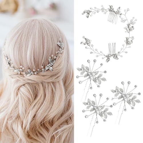 XFSRG 4 peças pente de cabelo nupcial ganchos de cabelo casamento de diamantes de imitação e pérolas folhas tiara nupcial acessórios para noivas e damas de honor (prateado)