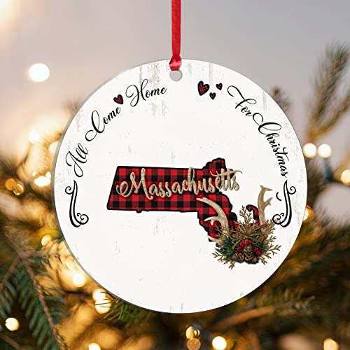 Evans1Nism All Come Home For Christmas Christmas Acrylic Ornament Massachusetts State Buffalo Plaid Acrylic Ornament City State 3 Inch With Red String Hanging Ornament Christmas Tree Decor #TOP4