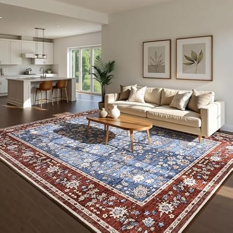 Softlife 5x7 Area Rugs for Living Room, Washable Area Rug,Vintage Floral Rugs for Bedroom Non-Slip Large Kitchen Rugs Soft Low Pile Carpet for Living Room Kids Room Dining Room, Blue and Maroon Cover