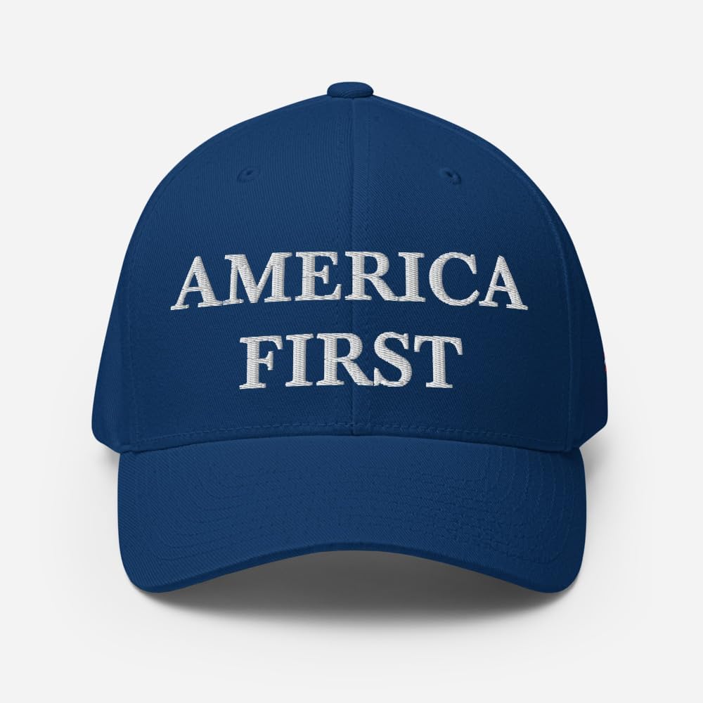America First Hat - Embroidered Structured Flex Fit Cap - Patriotic USA Flag Royal Blue Hat - Image 2