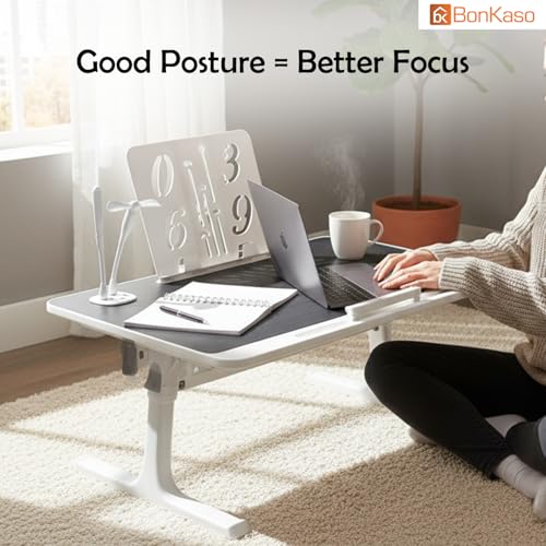 Image of BonKaso Multi-Purpose Laptop Table for Bed (60x40 cm) | Adjustable Height Foldable Lap Desk | Engineered Wood Portable Study Table for Work, Reading & Home Office | Bed Table with Legs (Black)