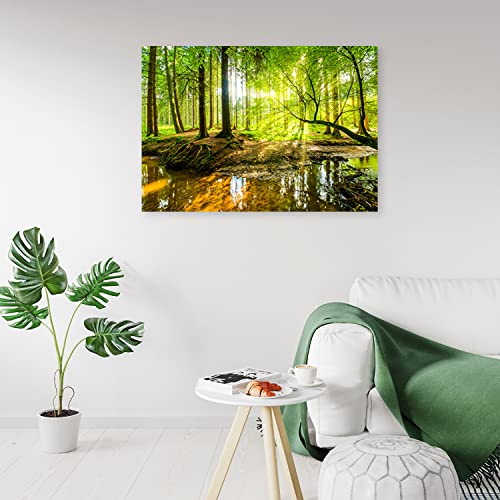Feeby Schilderij op Vlies Canvas XXL 120x80 cm Bos Bomen Natuur Muurschildering Kunstfoto'S Slaapkamer Deco Woonkamer Stroom Wortels Zonnestralen Groen - Afbeelding 3