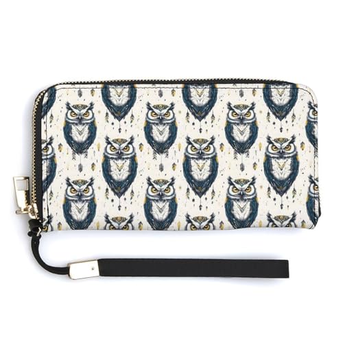 Leather Wristlet Wallets for Women - Vintage Tribal Style Owl Print Small Hand Purse Ladies Wallet w