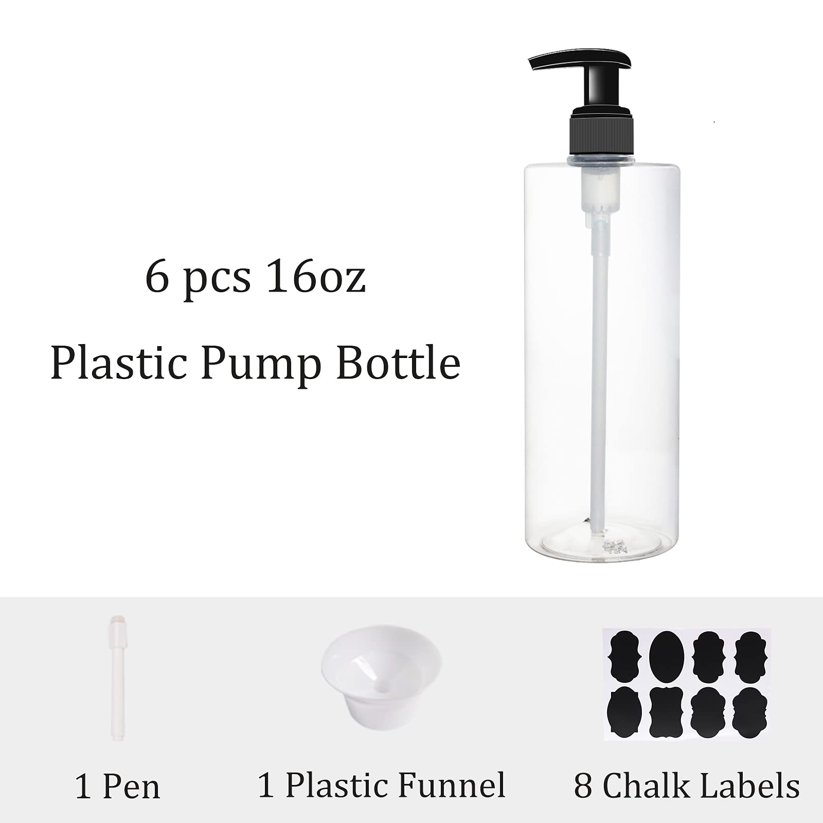 Plastikowe butelki dozujące z pompką do masażu, szamponu, balsamów, butelek z pompką do mycia ciała, pojemniki do wielokrotnego napełniania z pompką, 1 lejek, 8 etykiet kredowych, 6 szt