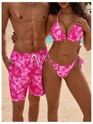 WDIRARA Men's Floral Print Swim Trunks Drawstring Waist Hawaiian Beach Shorts with Pockets4