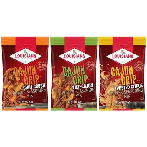 Louisiana Fish Fry Cajun Drip 2oz Bag - Seafood Seasoned Butter Sauce - Elevate your boiled seafood game with Louisiana Fish Fry Cajun Drip (Variety Pack - Try All Three)