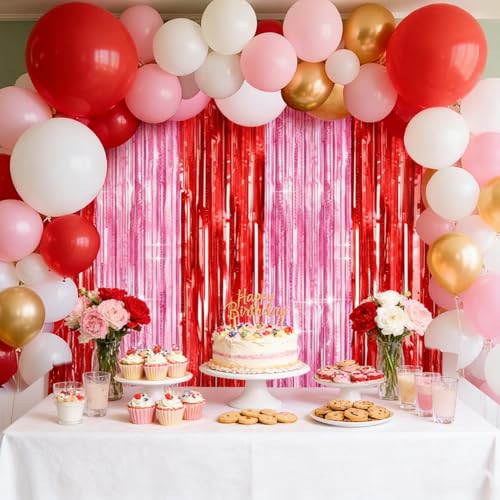Image of 4 Packs Pink and Red Foil Fringe Curtain, Pink Red Metallic Tinsel Backdrop for Birthday, Baby Shower, Princess Bachelorette Party, Valentines Party Decorations Supplies