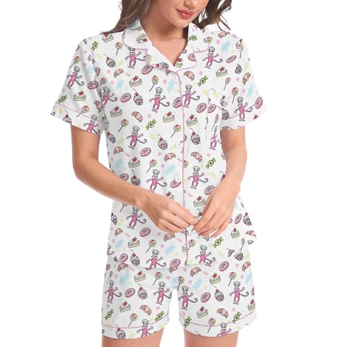 Image of Ammiko Womens Pajamas Set Y2k Loungewear Pajama Button Down Top and Shorts Monkey Beach Short Sleeve Sleepwear Preppy