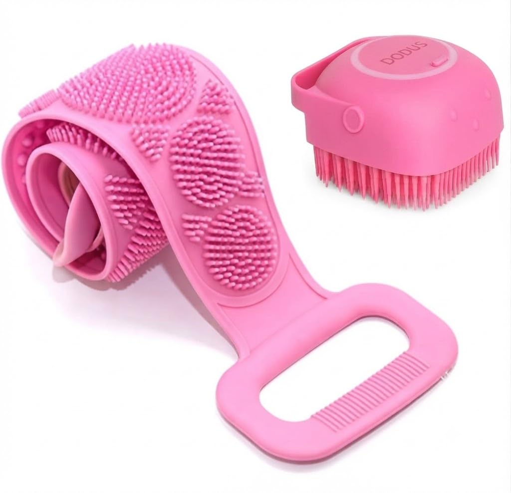 DODUS Silicone Body Scrubber Combo – Back Scrubber Belt for Bath & Shower + Soap Dispenser Bath Brush | Soft Exfoliating, BPA-Free, Reusable for Men & Women | Pack of 2 (Pink)-image-42