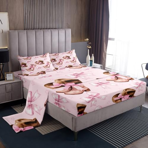 Homemissing Juego de sábanas con lazo rosa, tamaño King, sábana bajera ajustable de bolsillo profundo, juego de ropa de cama de princesa, juego de cama suave de 4 piezas con 2 fundas de almohada