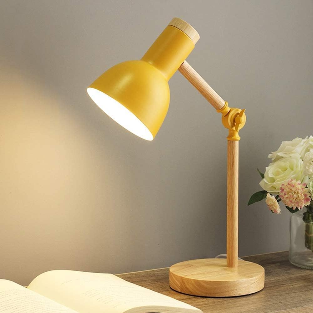 Lampe de table de chevet, lampe de bureau en bois moderne avec abat-jour en métal Lampe de chevet réglable pour bureau, salle d'étude, chambre à coucher, salon, chambre d'enfant, lecture,Jaune