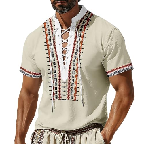 Camisa Informal de Manga Corta Estilo Resort náutico con Estampado geométrico y Detalle Decorativo de cordón para atarTextura Agradable Que Inspira Confianza