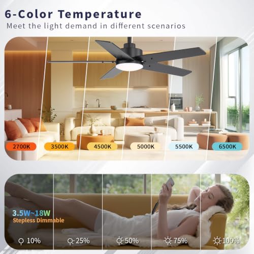 Image of 42 Inch Ceiling Fans with Lights and Remote for Bedroom Living Room Kitchen Home Office Indoor /Outdoor, 6CCT Dimmable, Dual Color 5 Blades, 6 Speed Reversible Quiet DC Motor, Black /Wood Grain