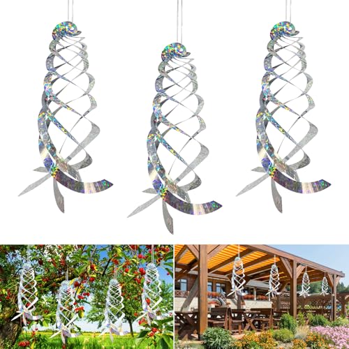 3 PCS Repelente de Pájaros en Espiral de Viento Plateado Reflectante, Espantapájaros Reflectante, Ahuyentador de Pajaros, Varillas Reflectantes Pajaros, para Aleja Aves Protege Plantas Decora Jardín