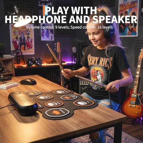 Image of Wireless Electronic Drum Set with 7 Pads, Portable Roll-Up Practice Kit for Kids & Beginners , Built-in Speaker, LED Lights, Recording & Headphone Output ,Includes Kick Pedal, Drum Sticks