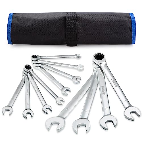 SORAKO Llaves Fijas 12Pcs, Llaves Fijas con Carraca 8-19mm con Bolsa de Almacenamiento, Juego de llaves, llaves Combinadas, Engranaje de Trinquete de 72 Dientes
