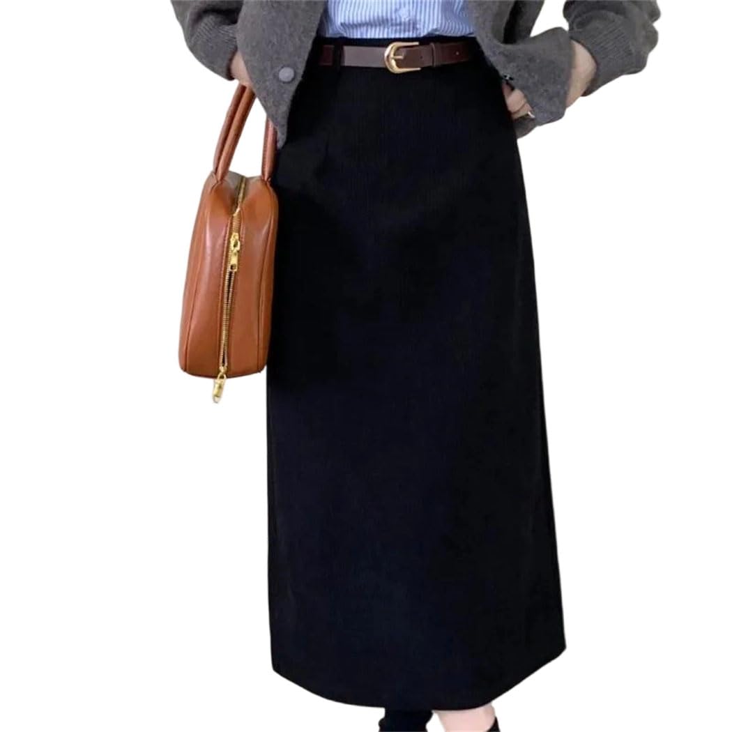 Women Vintage Corduroy A-Line Long Skirt High Waist Autumn Winter Office Midi Skirt