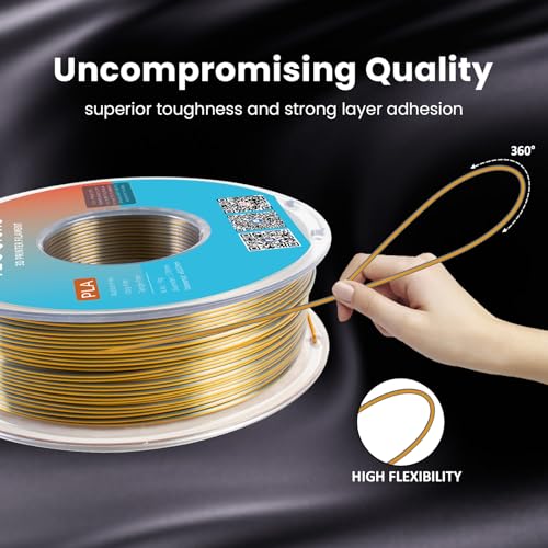 Image of Dual Color Silk PLA Filament 1.75mm Gold Silver 1KG, Shiny High Gloss Finish, Seamless Color Transition, Neatly Wound, Accuracy + /-0.02mm Vacuum Packaging