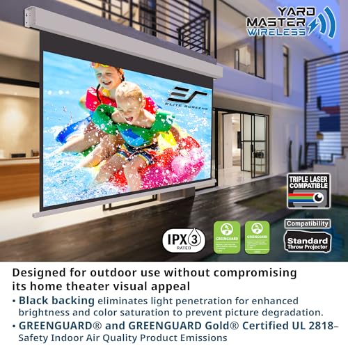 Image of Elite Screens Yard Master Wireless 125 inch Outdoor Motorized Projector Screen 16:9, Battery Powered, RF Remote, IPX3 Weather Resistant, 4K /8K Ready, Patio Home Theater OMS125WH-BAT-ELEC