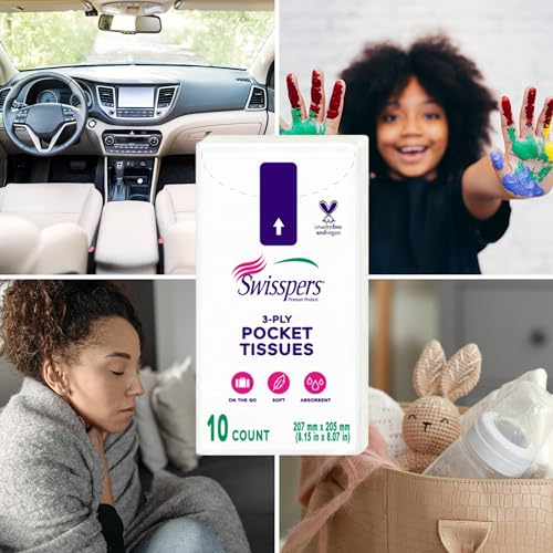 Swisspers Pocket Tissues, 3-Ply White Facial Tissues for Purse, Pocket, Car, Strong & Absorbent, 10 Tissues/Pack, 8 Packs (80 Tissues Total) - Thumbnail 5