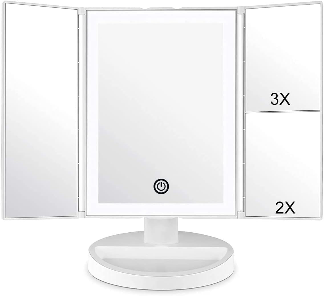WEILY Makeup Vanity Mirror with LED Lighting and Touch Screen, Tri-Fold 1x 2X 3X Magnification,180° Adjustable Rotation,Battery and USB Powered,Countertop Cosmetic Mirror (White)