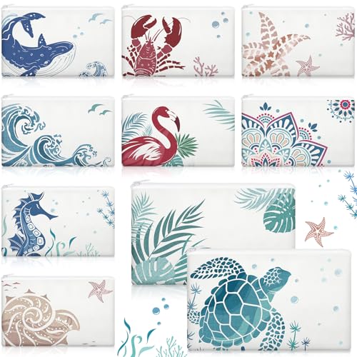Kacctyen 10 Pcs Beach Makeup Bags Bulk Zipper Pouch Canvas Beach Themed Cosmetic Bags for Women Cruise Ship Essentials Sea Summer Vacation Organization Cruise Party Favors Bridesmaid Wedding