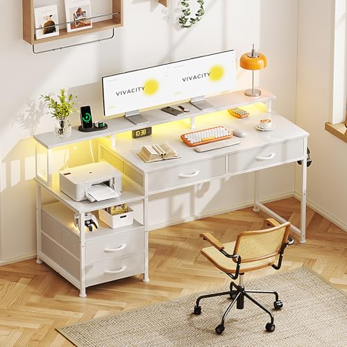 Image of MUTUN 53 inch Computer Desk with 4 Drawers & Power Outlets, Reversible Home Office Desk with Monitor Stand & Printer Stand, Gaming Desk with Led Lights, Study Writing Work Desk Table for Bedroom (White)